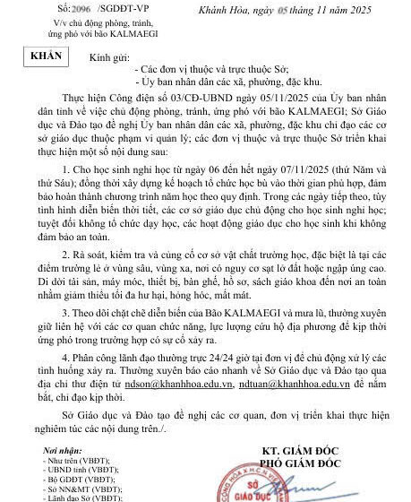  Thông báo nghỉ học do bão số 13 Kalmaegi của Sở Giáo dục và Đào tạo Khánh Hòa